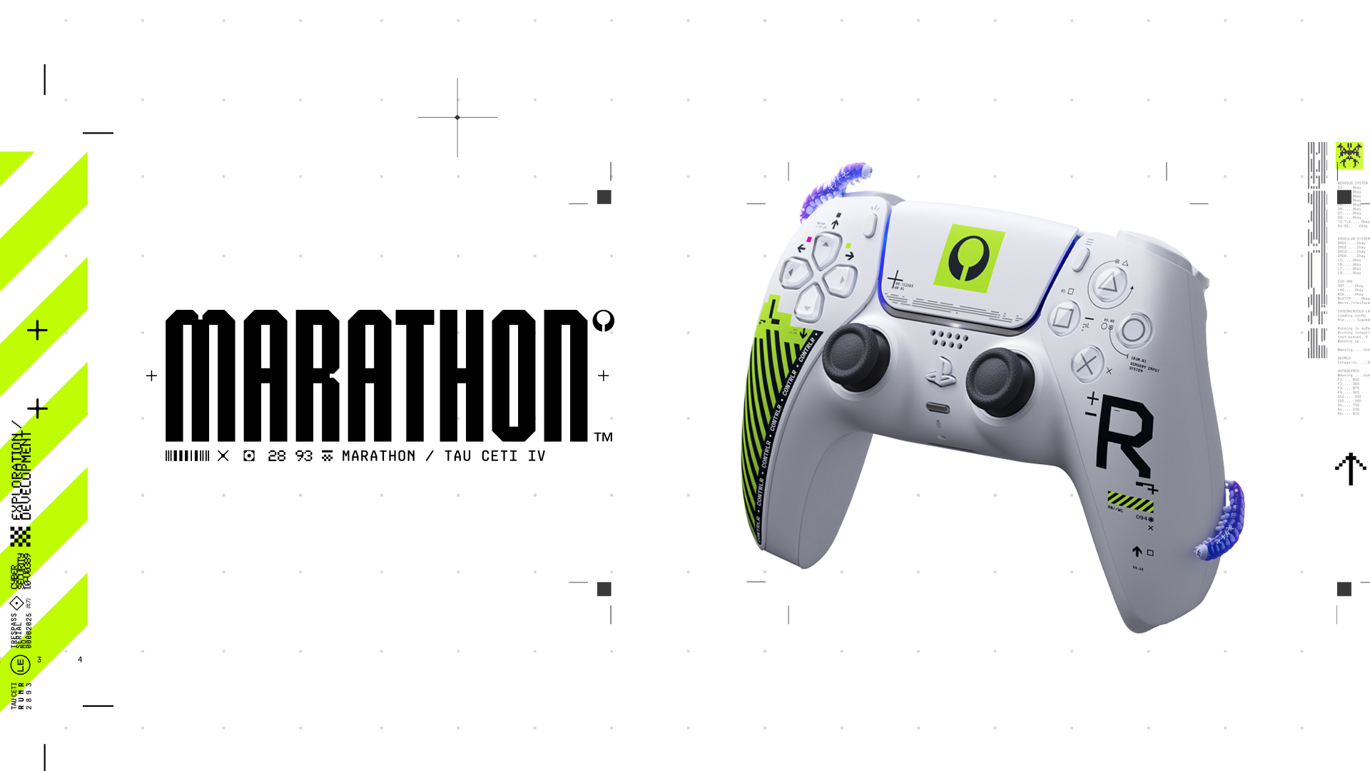 Official Marathon Limited Edition DualSense controller with white shell, black markings and vivid green accents