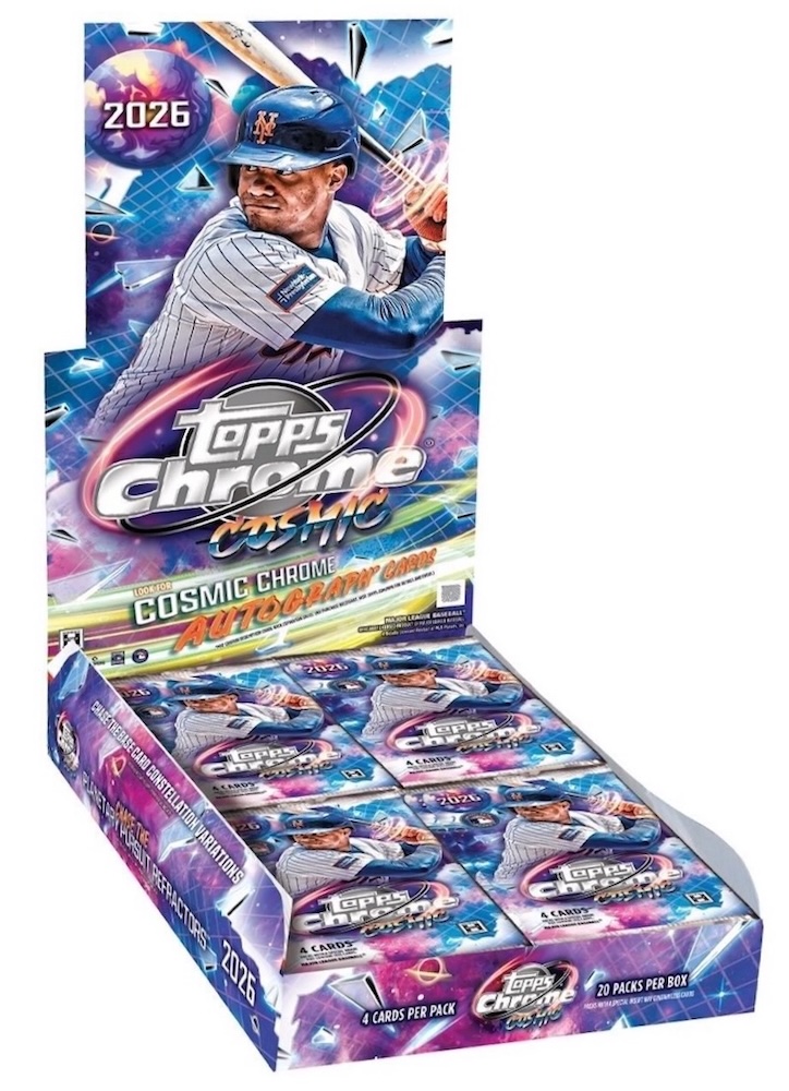 Open 2026 Topps Cosmic Chrome Baseball Hobby display box with packs, showing four cards per pack and twenty packs per box.