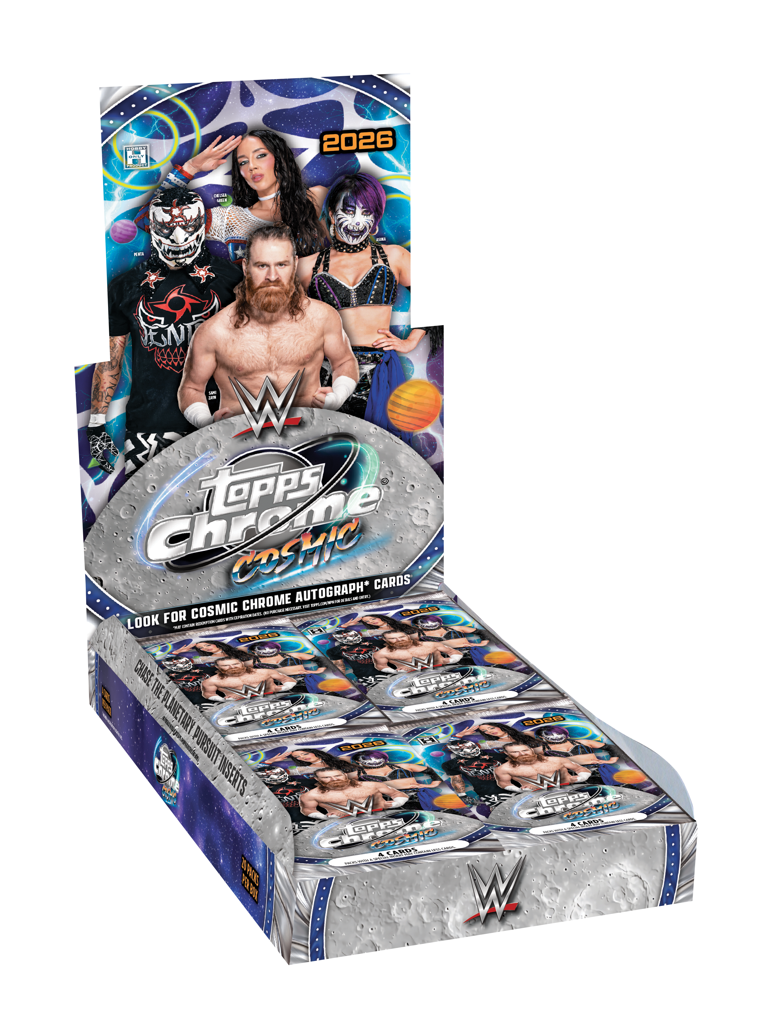 Open 2026 Topps Cosmic Chrome WWE Hobby box, with twenty packs of four cards.