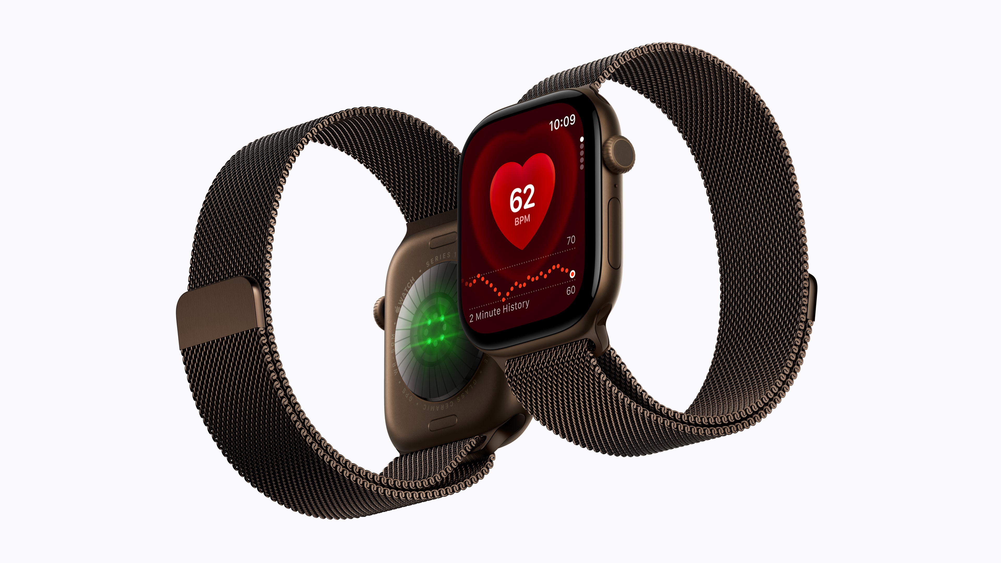 Two Apple Watch Series 12 devices showing the front display and rear sensors.