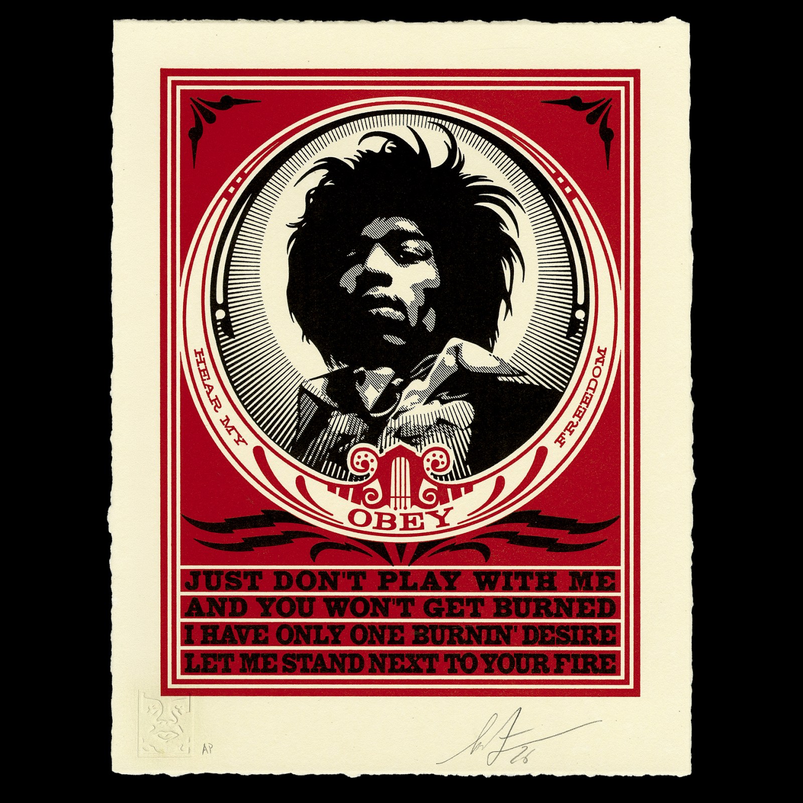 Official artist-proof preview of Shepard Fairey’s 2026 Hendrix Fire Letterpress on cream deckled paper.