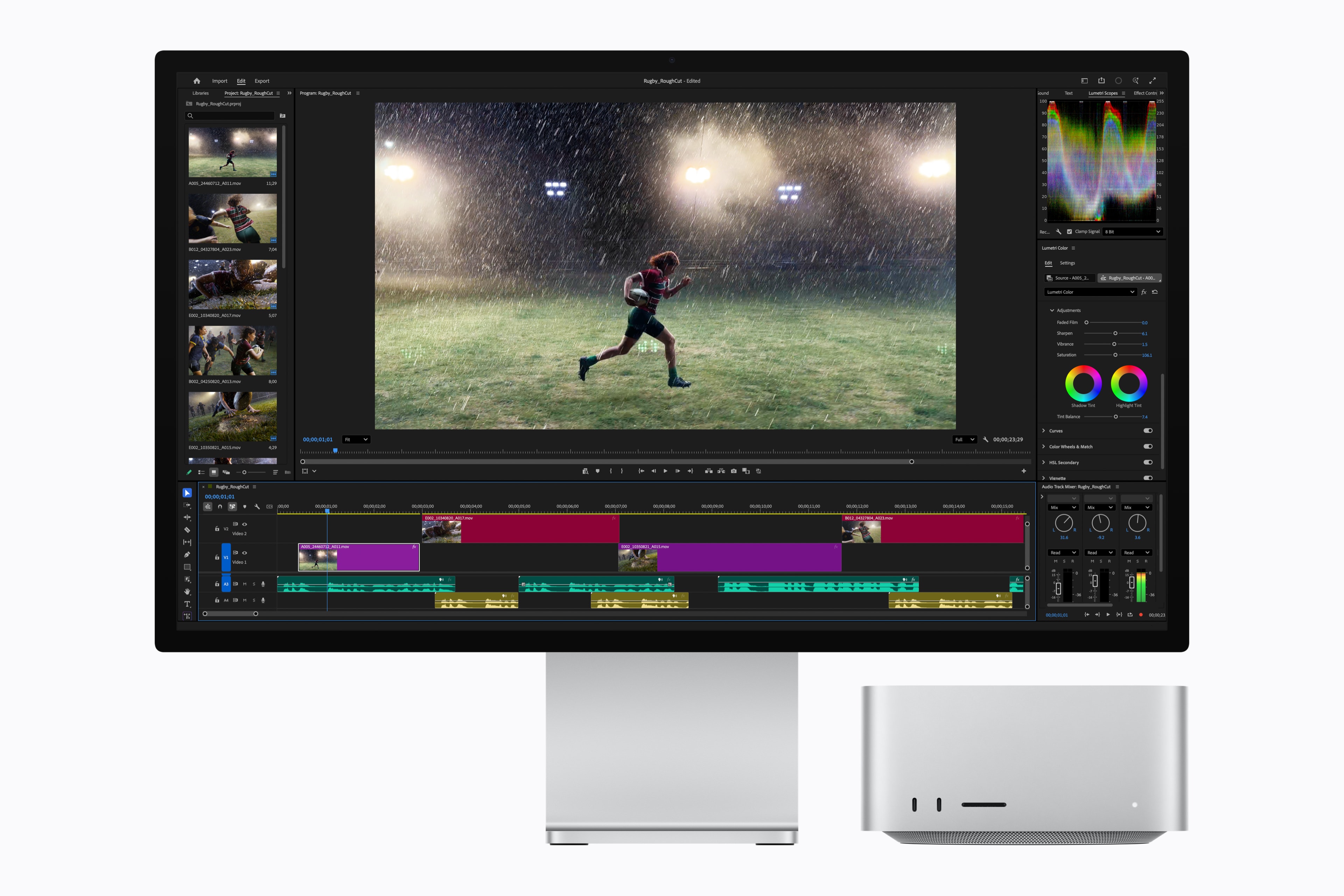 Mac Studio with M5 Ultra shown beside a display running Adobe Premiere.