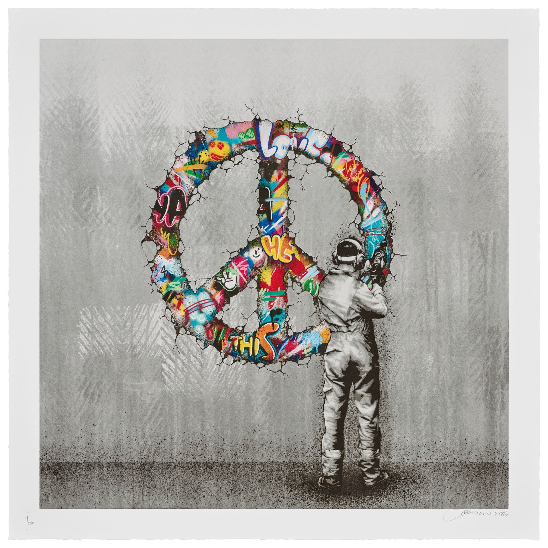 Martin Whatson’s Make Peace paper print: a monochrome figure beside a large peace symbol filled with colourful graffiti on a grey background.