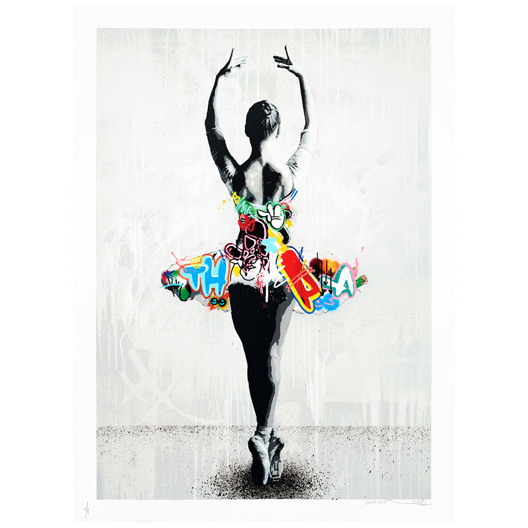 Martin Whatson’s Poise paper print: a monochrome ballerina viewed from behind, with colourful graffiti across her tutu and waist.