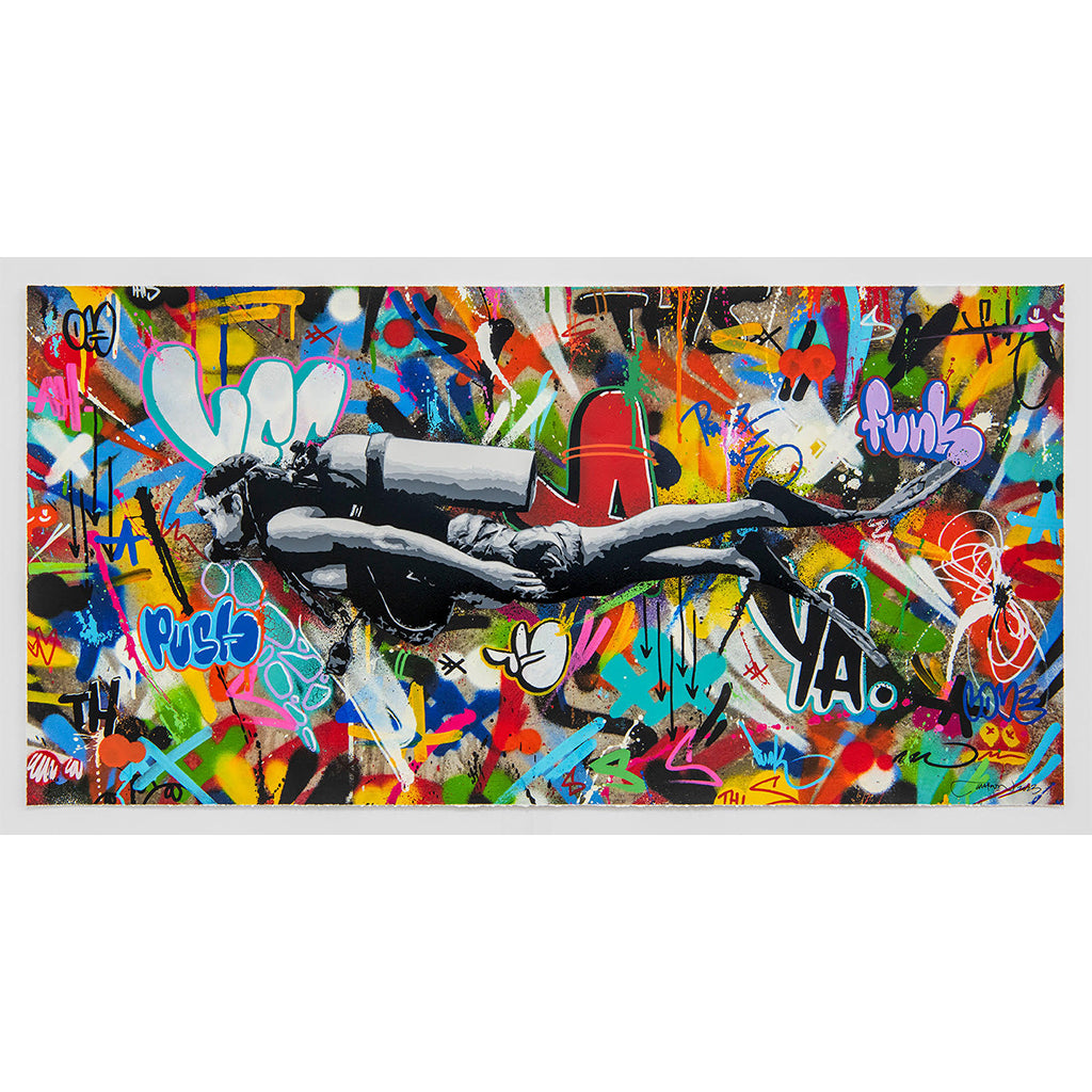 Martin Whatson’s Scuba Diver main-edition paper print: a monochrome diver swimming left across a dense, colourful graffiti background.