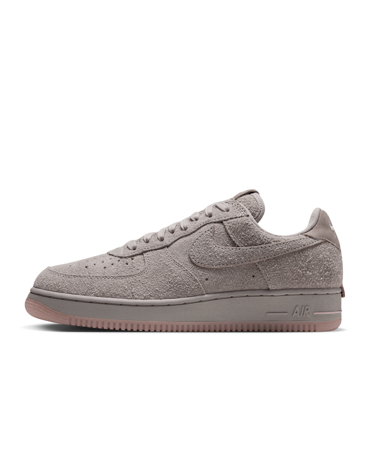 Nike Air Force 1 '01 in College Grey and Pink Glaze, side view of the textured grey upper and pale pink outsole.
