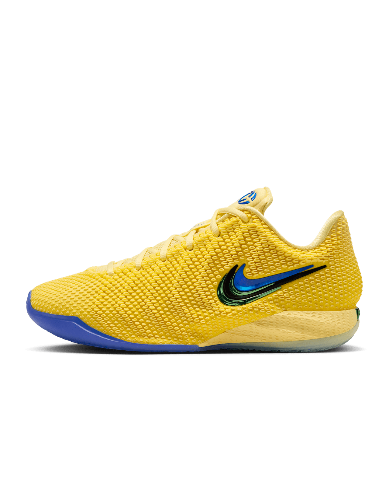 Nike Caitlin 1 Warning Code, shown from the side with a yellow textured upper, layered blue Swoosh and blue outsole.