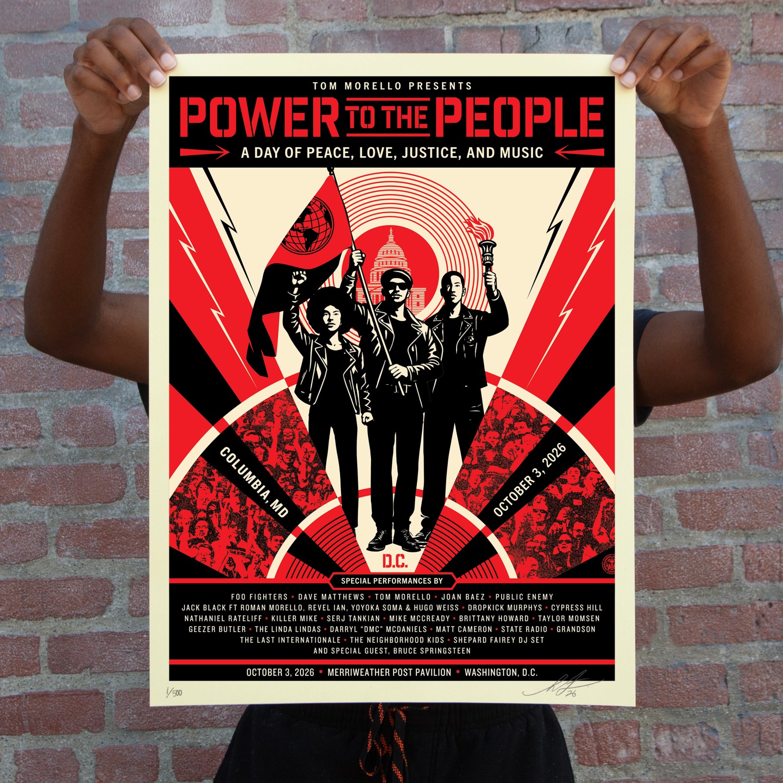 Power to the People Festival screen print, signed and numbered 1/500, held against a brick wall.
